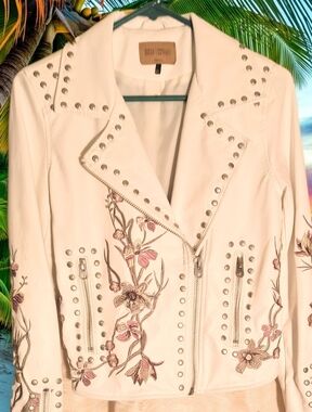 Women's DRIFTWOOD White Faux Leather Moto Jacket Sm. Floral Embroidery & Studs